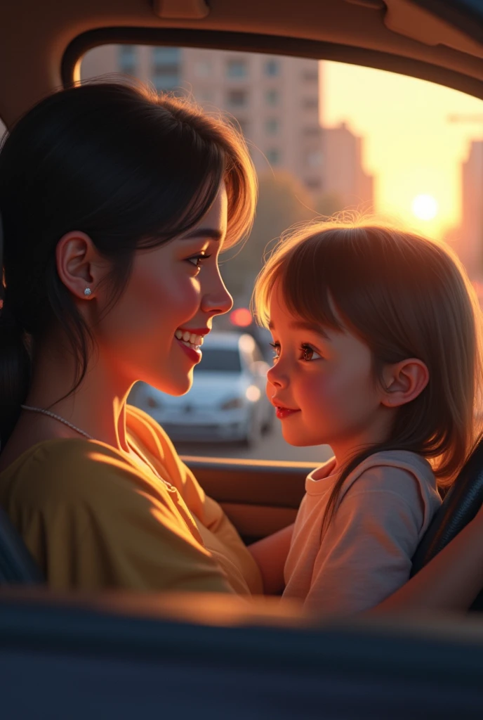 Mother talking to her daughter while driving