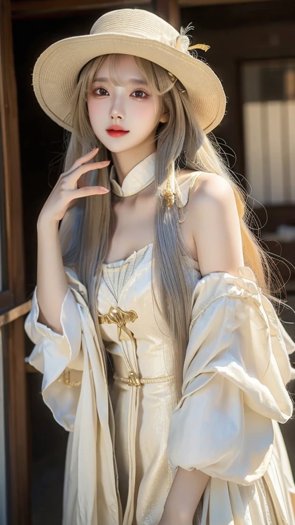 a woman with long hair wearing a beige dress and a hat, a stock photo by Lü Ji, trending on cg society, aestheticism, ulzzang, popular korean makeup, ”beautiful anime woman