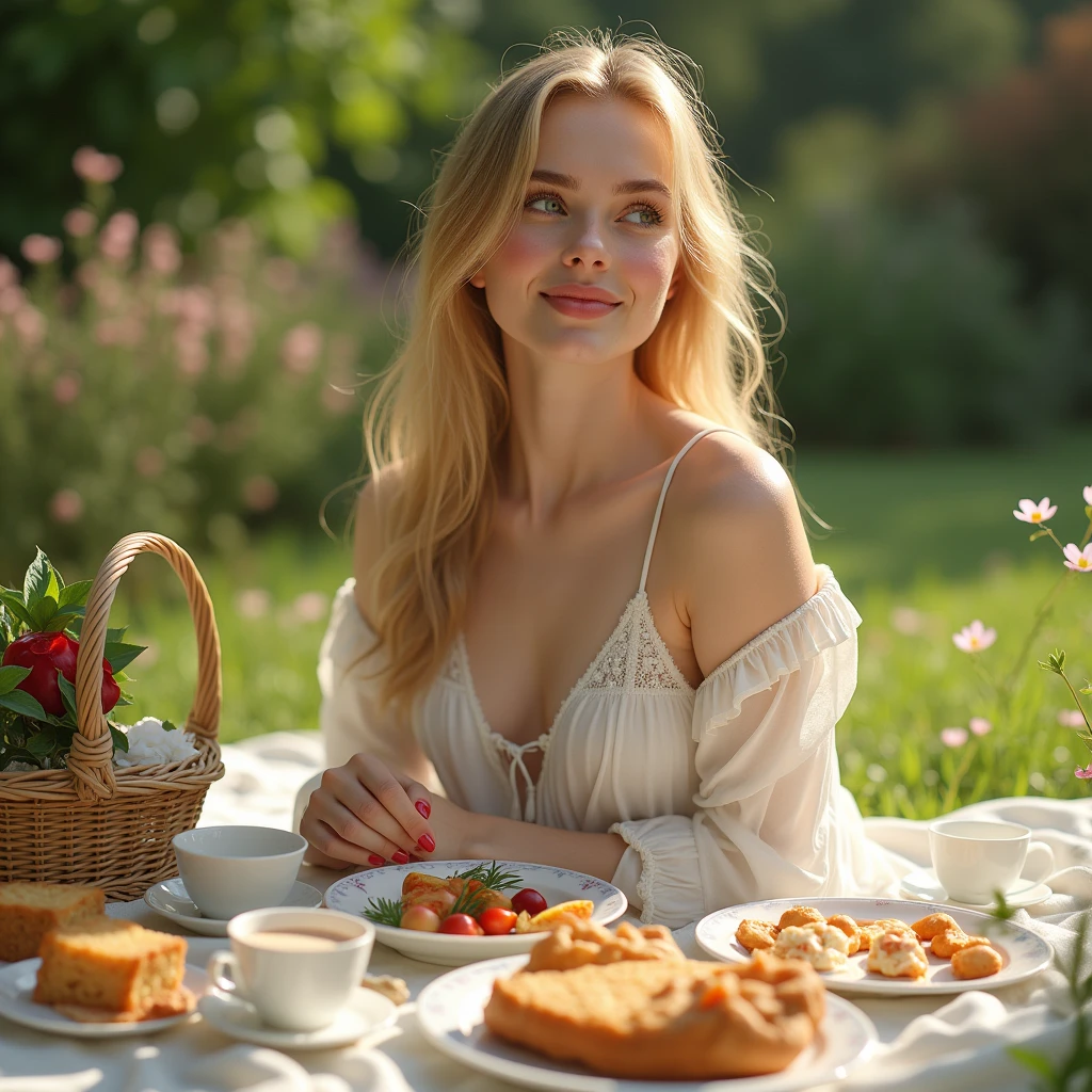 a girl having a picnic lunch in a serene garden, beautiful detailed eyes, beautiful detailed lips, extremely detailed face, long eyelashes, golden hair, soft natural lighting, mouthwatering food, delicate porcelain tableware, flower petals scattered on the grass, lush greenery, warm summer day, vibrant colors, photorealistic, 8k, best quality, masterpiece