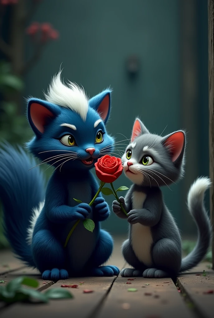 A picture of a dark blue skunk with green eyes, hugging a cat, and the dark blue skunk with a rose in his mouth, tried to flirt with the cat but the cat would try to kiss and the cat would get nauseous
