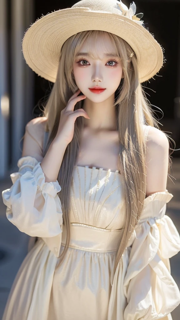 a woman with long hair wearing a beige dress and a hat, a stock photo by Lü Ji, trending on cg society, aestheticism, ulzzang, popular korean makeup, ”beautiful anime woman