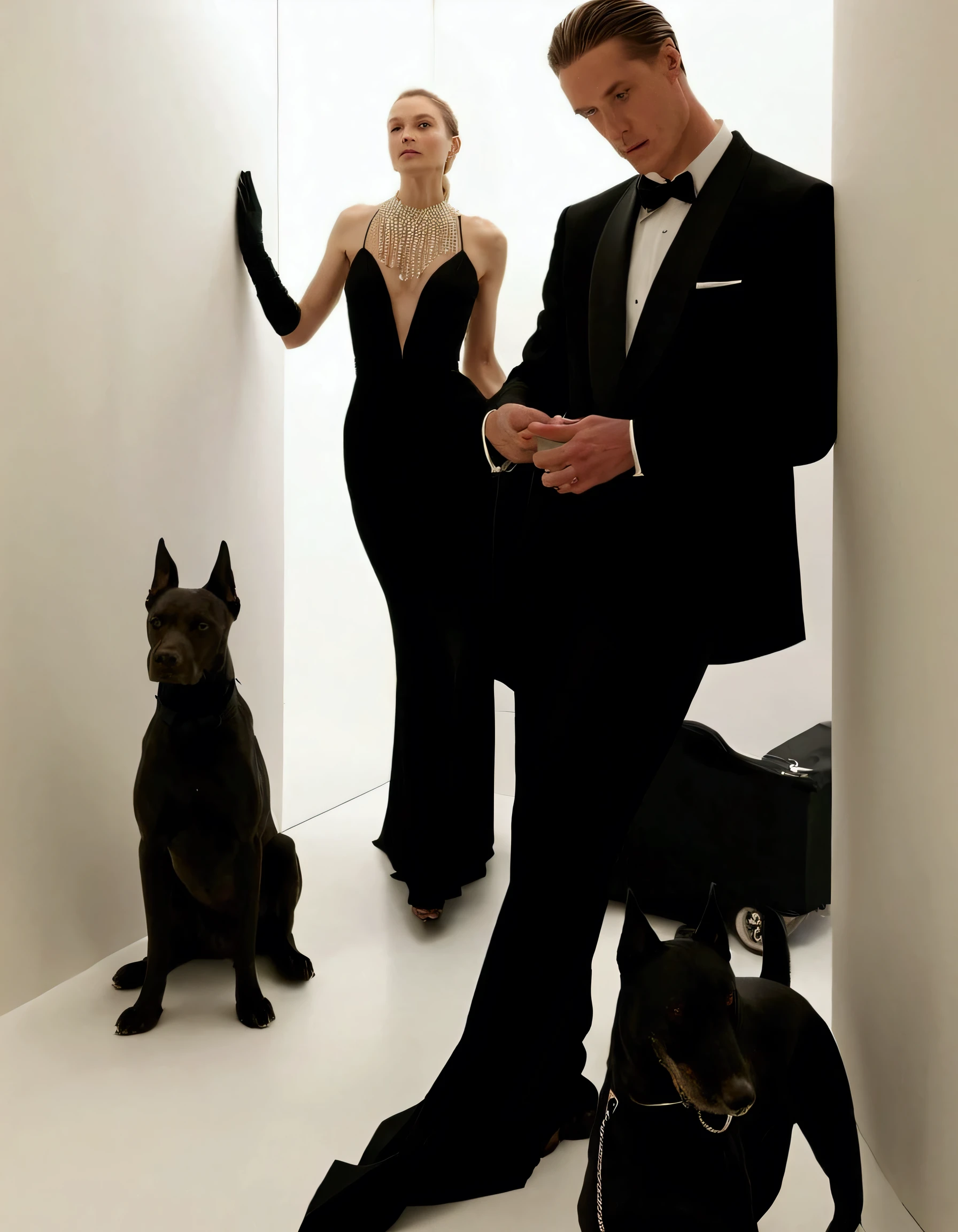 there is a man and woman in a black dress standing next to a dog, black tie, an elegant couple, wearing a black noble suit, wearing tuxedo, by Gavin Hamilton, wearing a tuxedo, by Thomas Dalziel, black luxurious suit, by Emma Andijewska, aristocratic appearance, formal attire, by Virginia Lee Burton, by Pat Adams