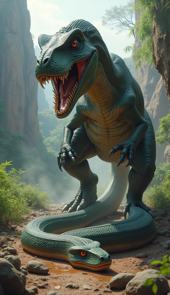 Dinosaur vs big cobra fighting dinosaur won big cobra down and die