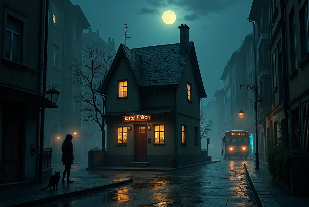 symmetrical image, rule of thirds, old europe street, midnight rain, small cracked hostel building, two floors, mossy black, cracked roof, crime street, midnight, poor people, cat, text says "HOSTEL BAIRON", hostel sandwitched beetween two high buildings, old london style, rainy night, moon, megapolis blurred lights on background, tourist bus driving away, girl standing close on right silloutte