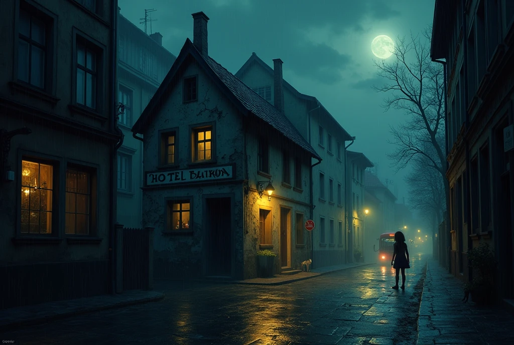 symmetrical image, rule of thirds, old europe street, midnight rain, small cracked hostel building, two floors, mossy black, cracked roof, crime street, midnight, poor people, cat, text says "HOSTEL BAIRON", hostel sandwitched beetween two high buildings, old london style, rainy night, moon, megapolis blurred lights on background, tourist bus driving away, girl standing close on right silloutte