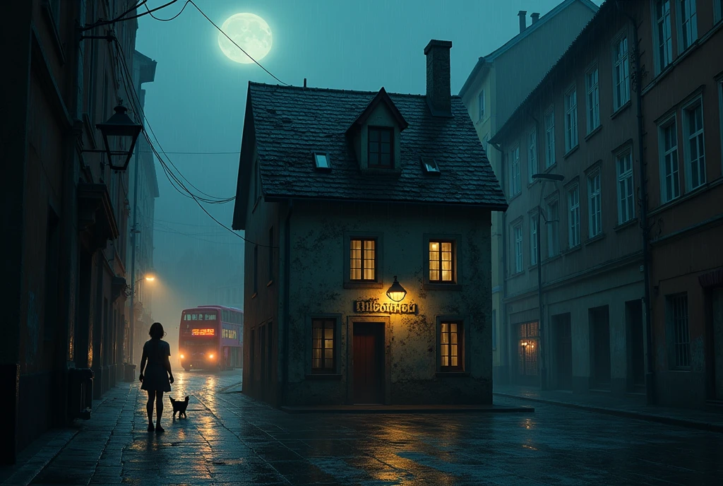 symmetrical image, rule of thirds, old europe street, midnight rain, small cracked hostel building, two floors, mossy black, cracked roof, crime street, midnight, poor people, cat, text says "HOSTEL BAIRON", hostel sandwitched beetween two high buildings, old london style, rainy night, moon, megapolis blurred lights on background, tourist bus driving away, girl standing close on right silloutte