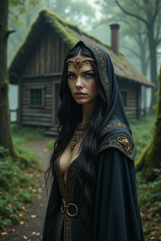 realistic image of an Alexandra Daddario lookalike dressed as a medieval witch with head and neck ornaments against the backdrop of a secluded cabin in a forest