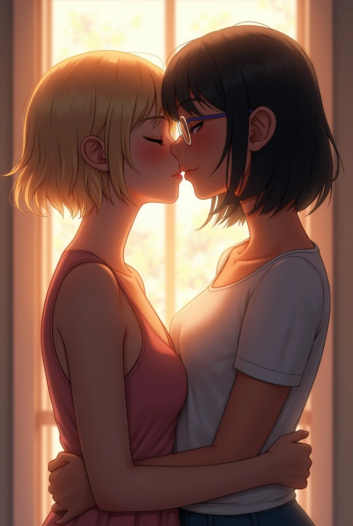 Two girls kissing,Both are young,a girl is blonde with short hair,the other one has black hair,shoulder length with bangs,wears glasses and has brown skin tone