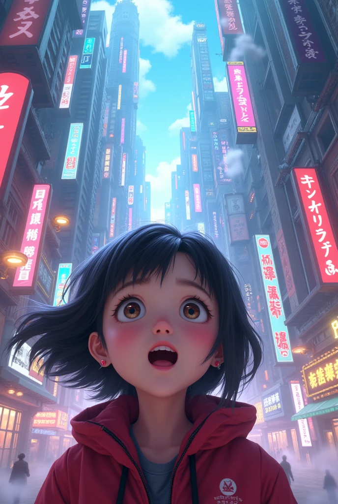 Realistic a happy korean girl, surprised expression, beautiful detailed eyes, beautiful detailed lips, extremely detailed face, large expressive eyes, long eyelashes, entering a new world similar to the city in Final Fantasy VII Rebirth, vibrant colors, intricate details, kawaii style, octane render, 8k, highly detailed, photorealistic, dramatic lighting, volumetric fog