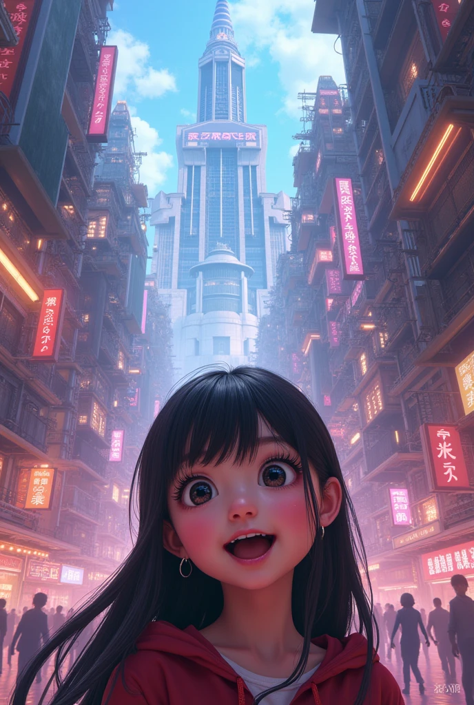 Realistic a happy korean girl, surprised expression, beautiful detailed eyes, beautiful detailed lips, extremely detailed face, large expressive eyes, long eyelashes, entering a new world similar to the city in Final Fantasy VII Rebirth, vibrant colors, intricate details, kawaii style, octane render, 8k, highly detailed, photorealistic, dramatic lighting, volumetric fog