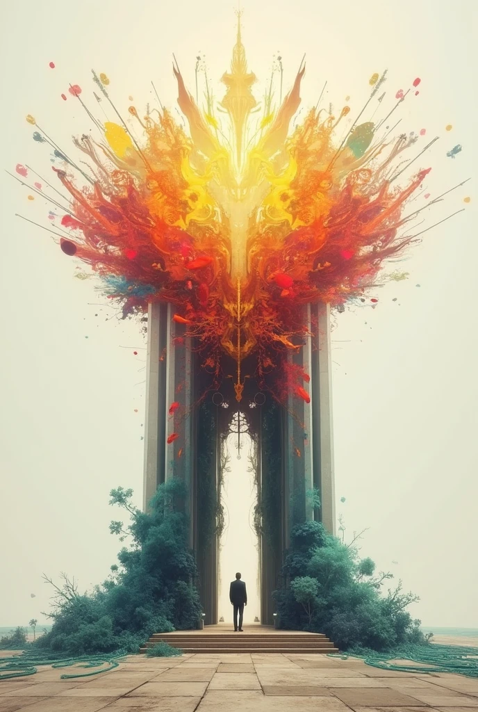 representation of two structures, The one above means the virtues and qualities, represented by a colorful structure and the bottom part means reality, a structure of sad colors