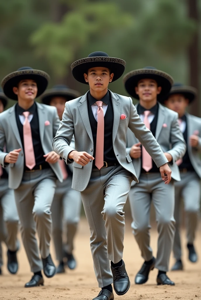 Group of young indigenous men dancing in light grey suits, black hat with lead trim, baby pink tie, White shirt, and black scarf, black shoes.