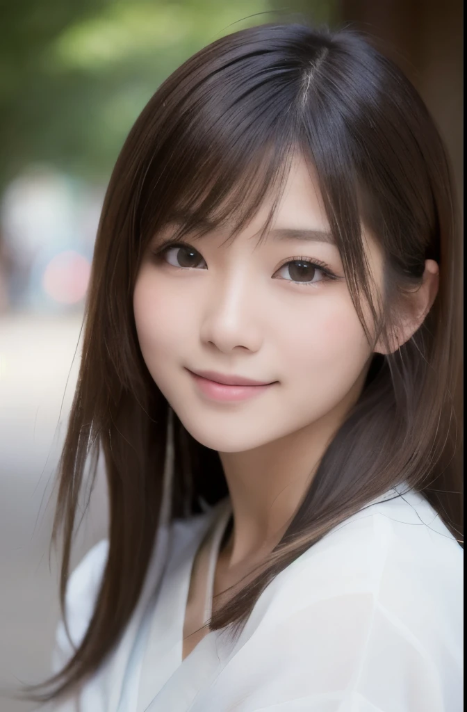 best quality, face focus, soft light, ultra high res, (photorealistic:1.4), RAW photo,(Shinozaki Ai), (fair skin), (kawaii),
1 Japanese girl, solo, cute, smile, (pupil, lights in the eyes),  detailed beautiful face, Medium-sized breasts,(high resolution detail of human skin texture),(long hair),(portrait), upper body, white traditional kimono