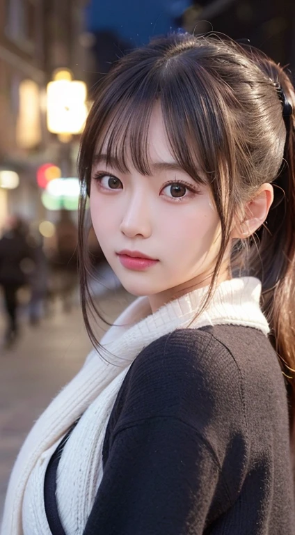 blush,long hair ponytail,big ribbon in her hair,(8K, Raw photo, best quality, muste piece:1.2), (Reality, photorealistic:1.4), (Highly detailed 8K wallpaper), Tits sharp focus, Depth of bounds written, cinematic lighting, soft light, detailed beauty eye,Shiny and smooth light brown ponytail, asymmetrical bangs, shiny skin, super detailed skin ,high resolution, high detail, detailed hairstyle, detailed beauty face, hyper real, perfect limbs, perfect ??????? ,1 Japanese girl,famous japanese idol, perfect female body,shy smile,short eyelashes,double-edged eyelids,look straight here,Hair style is ponytail,wear a ribbon, office,long ponytail hairstyle,Wearing scrunchies,wearing a long coat,The Street,Stand up straight and face me,So that the whole body can be seen,winter,warm clothes,look straight at me,wearing a scarf,It's snowing,european cityscape,cobblestone road,European churches can be seen in the background,in front of a church in europe,night time,illumination is shining,chest is small