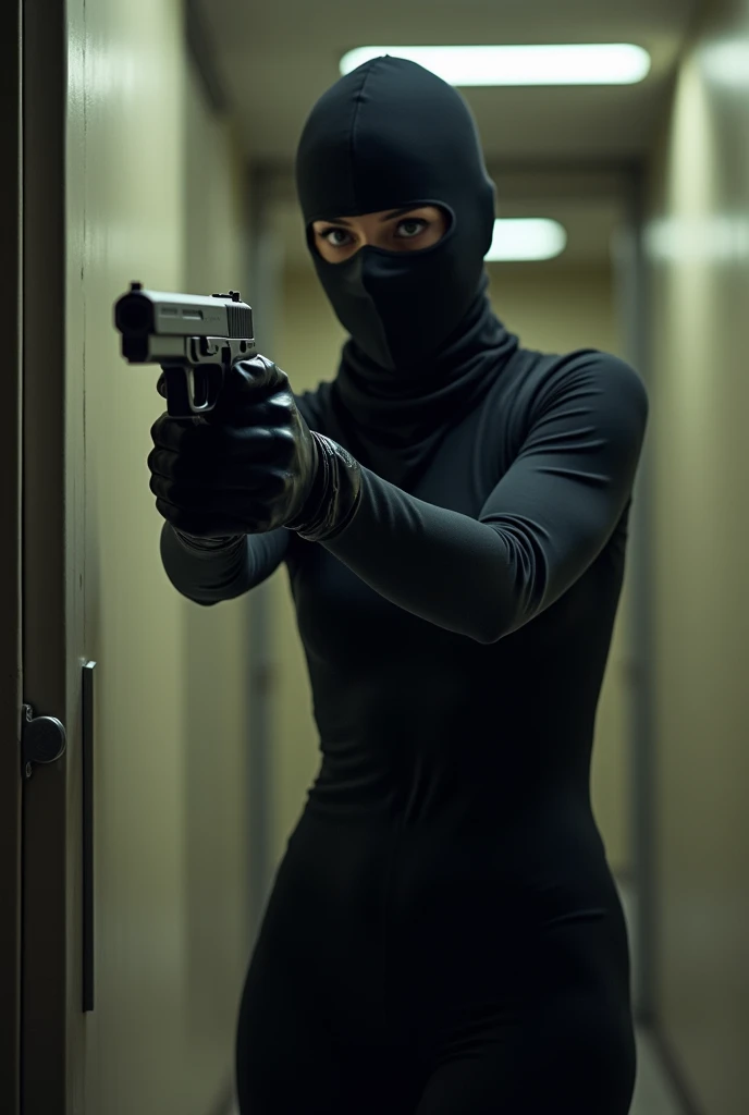 A woman wearing a tight outfit and wearing a balaclava and wearing leather gloves and a gun to kill a woman in a bank