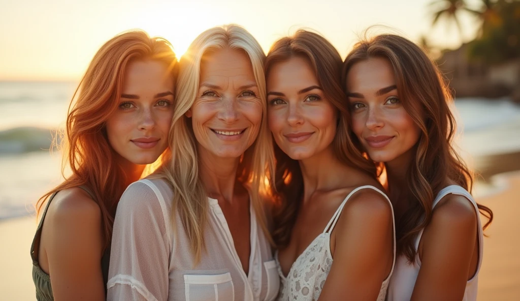 a 60 year old White woman, with three 50 year old daughters, one 50 year old Asian, one 50 year old American redhead, and one American brunette, detailed faces, realistic, high quality, masterpiece, photorealistic, hyper detailed, cinematic, dramatic lighting, warm colors, posing on the beach
