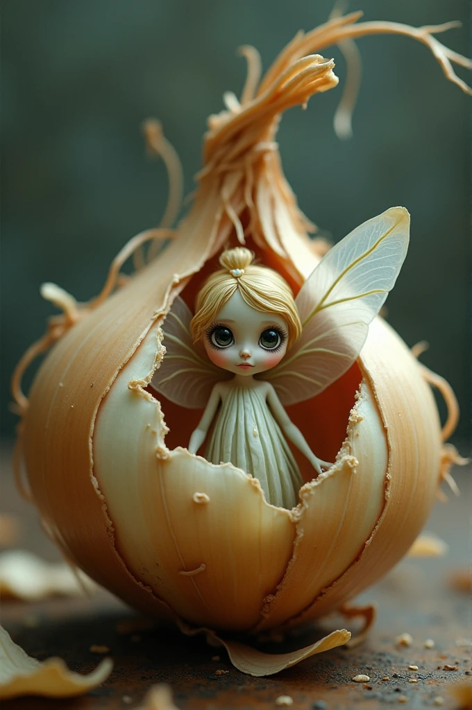 An onion that is losing its skin and hides a small, defenseless baby fairy inside.