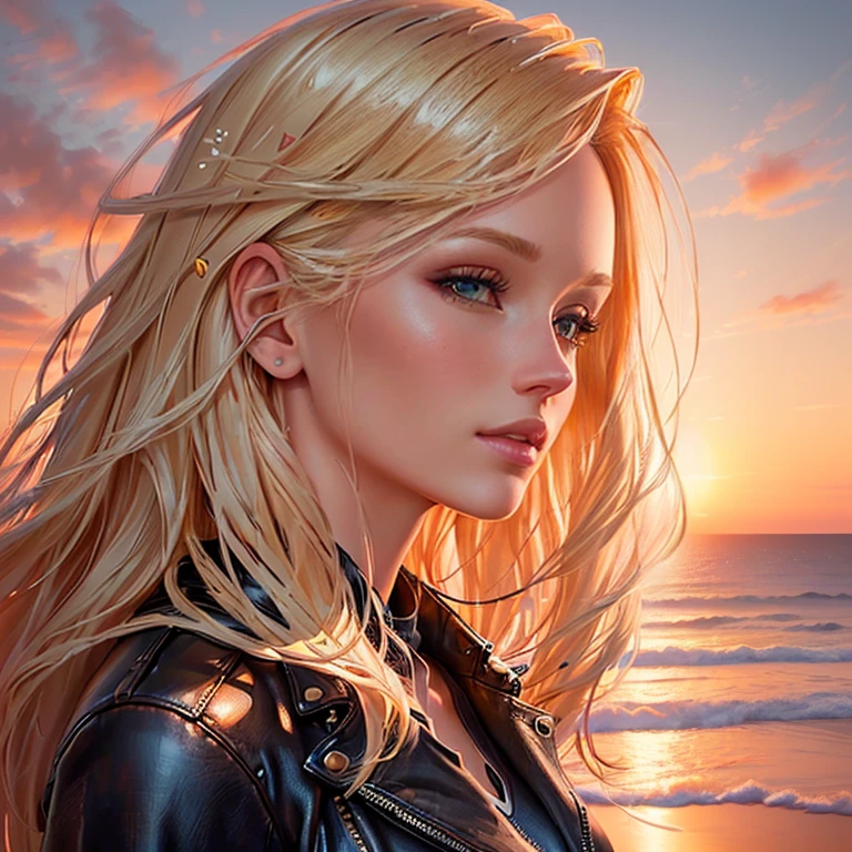 woman with blonde hair and leather jacket looking at the ocean, beautiful digital artwork, amazing art style, beautiful digital illustration, gorgeous digital painting, stunning digital illustration, beautiful digital art, realistic art style, Beautiful sunset glow, gorgeous digital art, Digital Fine Art Photography, Amazing digital painting, sunset glow around head, beautiful digital painting, a picture of beauty
