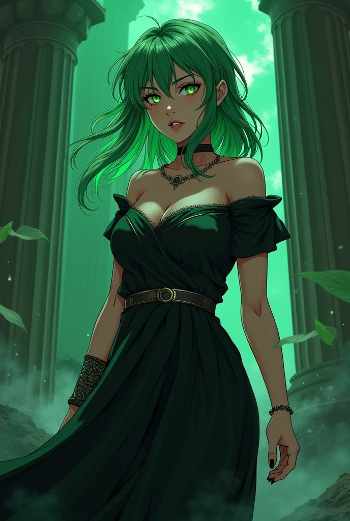 Beautiful adult woman with green hair and green eyes with perfect anatomy, Ancient Greek clothing in black color besieged in the Greek Underworld anime style