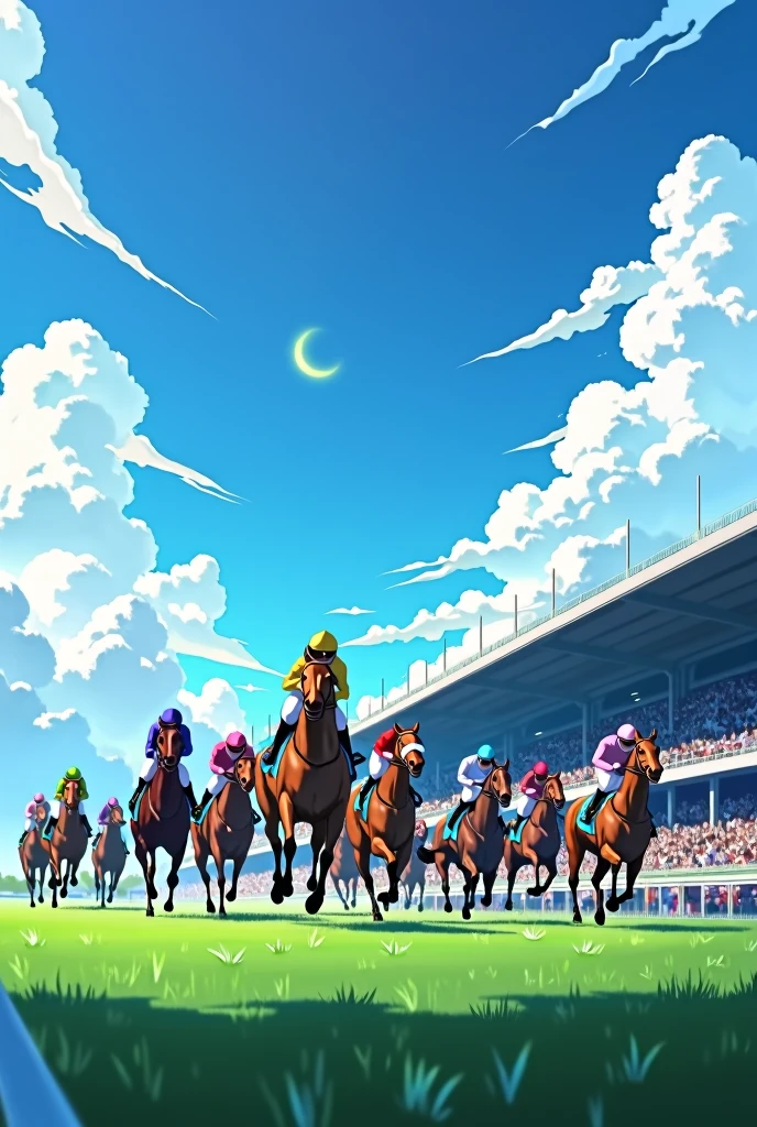 Tokyo Racecourse,Sunny,blue sky,12 horses in the race,The goal scene,Turf,A lot of people are watching,A lot of people,Image from the auditorium,(Highest quality,High resolution,Masterpiece,8K),
