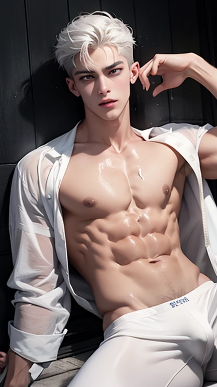 A young boy with white hair,fair skin,handsome,The triangle briefs are wet, so I took half of them off.,裸上半身Soaked in milk,Showing six-pack abs and chest muscles with water droplets on them,Soaked in milk,纖細長腿Soaked in milk,The bottom highlight is very large and dripping,Soaked in milk,Tilting their head back, they wore an expression of comfort.,Sticking out tongue,covered in milk,lie on the floor,There's milk on your face too,身上Soaked in milk,Complete character,To the light,The light shines on the abdominal muscles,Two people hugging each other's waist,The characters are smaller