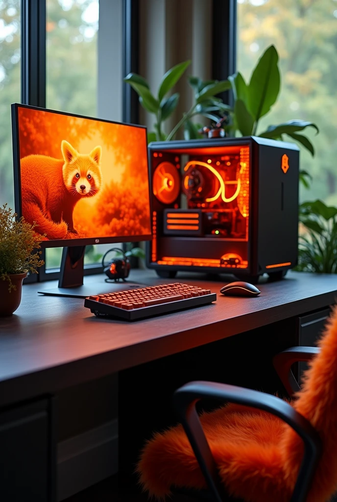 A gaming setup with colors inspired by red pandas 