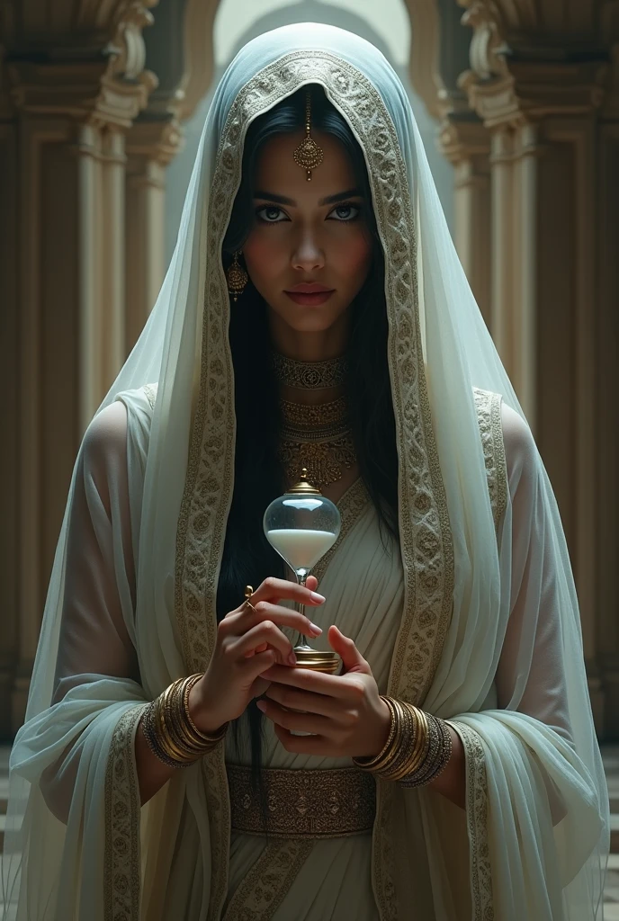 Make a portrait of mysterious Indian queen who hide her face with long Vail with sand clock