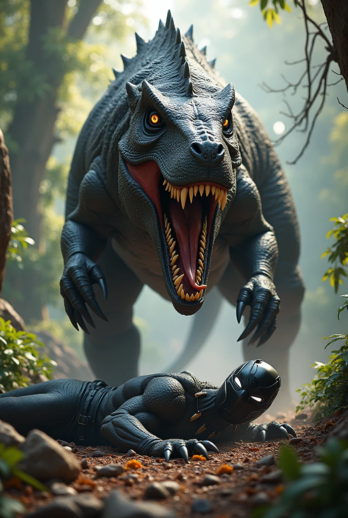 Dinosaur vs black panther fighting dinosaur won black panther down and die