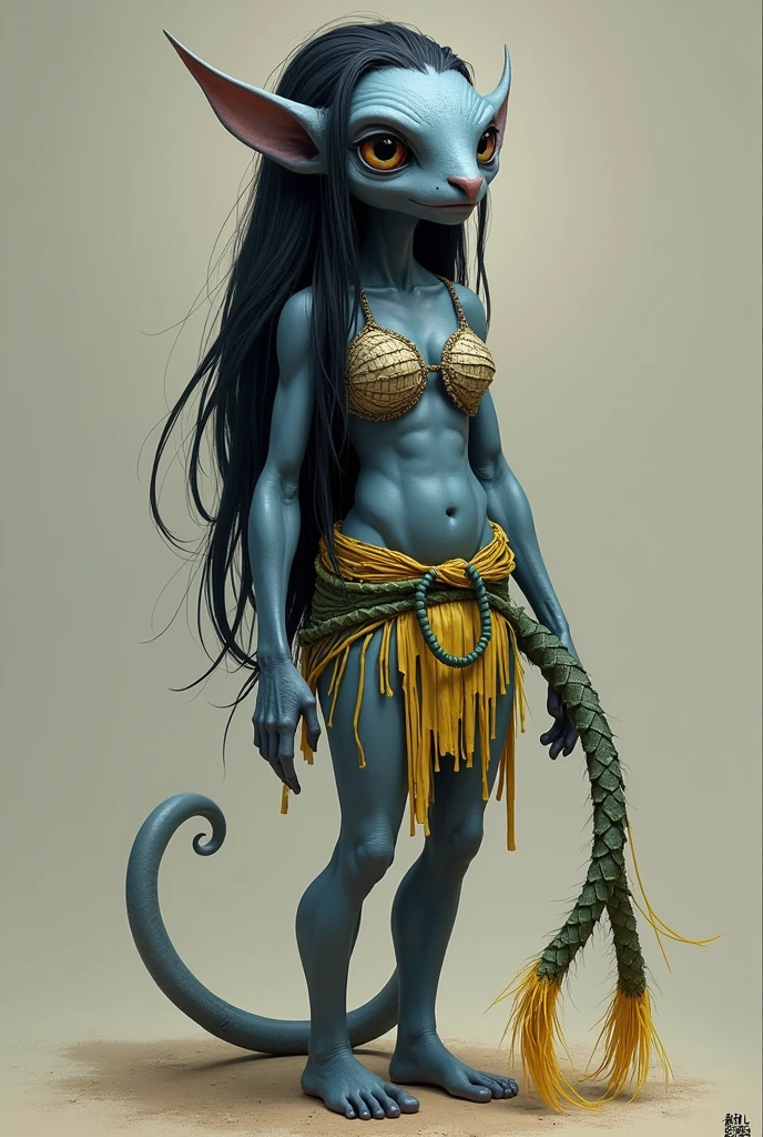 Käätxza She has flat bifurcated nose, large round eyes, pointed ears, long prehensile tail. She has long neck, slender body, narrow waist wide shoulders. Distinctly separating her humans She has four digits on each hand and foot, including opposable thumb and thumb toe. She had long black hair that is straight, the back of her head hair is sectioned of braided around her Xansu. The Xansu is a long appendage ending in bright yellow tendrils that look like hairs but are actually nerves which allow her to bond with animals, access memories of her ancestors through Yyen, or bond with one another to view memories. Her skin is dark blue being nine feet tall, dressed in a large leaves in a similar fashion to a bra to cover her medium sized breasts and a loincloth woven with yellow and white colors.