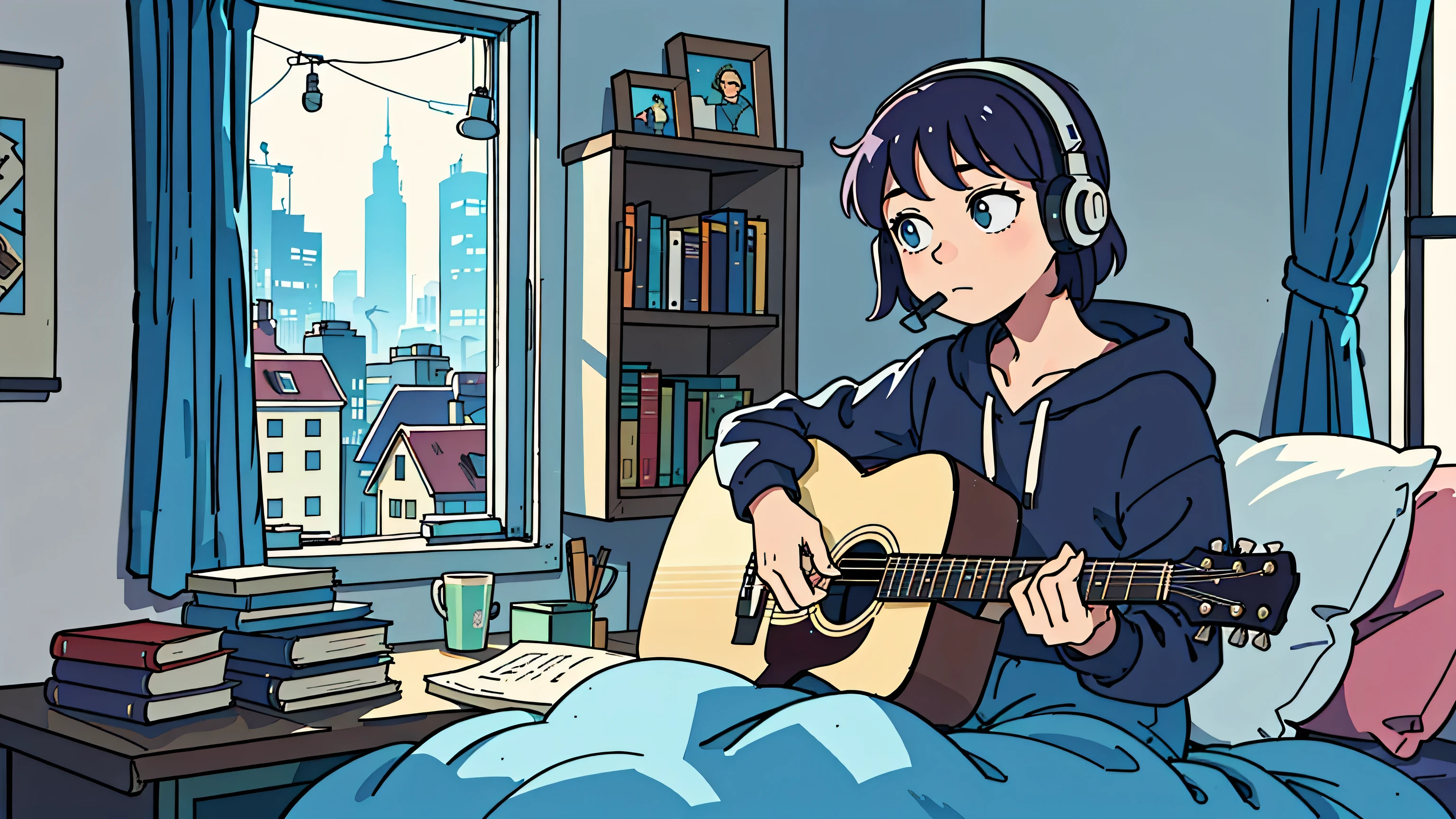 Someone is sitting on a bed infront windows, night and rainy, and looking out a window at the landscape passing by, Elogio Artstyle, Arte Lofi, lofi aesthetic, Lofi Sensation, Hip Hop Lofi,  , Retrato Lofi, lo fi, arte lo-fi, vibe, badass vibes , cores , lofi girl aesthetic, more detail, 4k, a guitar on her bed, headset on her ears, books on her desk