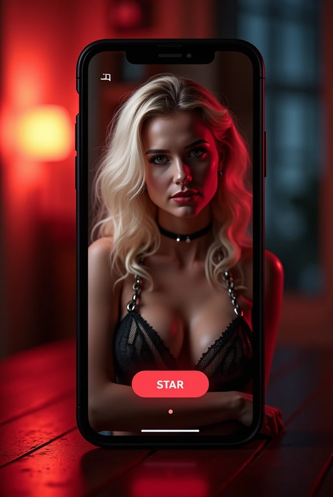 (masterpiece:1.2), (best quality,:1.2), 8K, HDR, Extremely detailed, ((Reality)), A mobile phone，Mobile interface，Inside is a sexy blonde in chains，A seductive smile，Sexy expression，Ambiguous warm light，There is an interface button below that says &quot;STAR&quot;