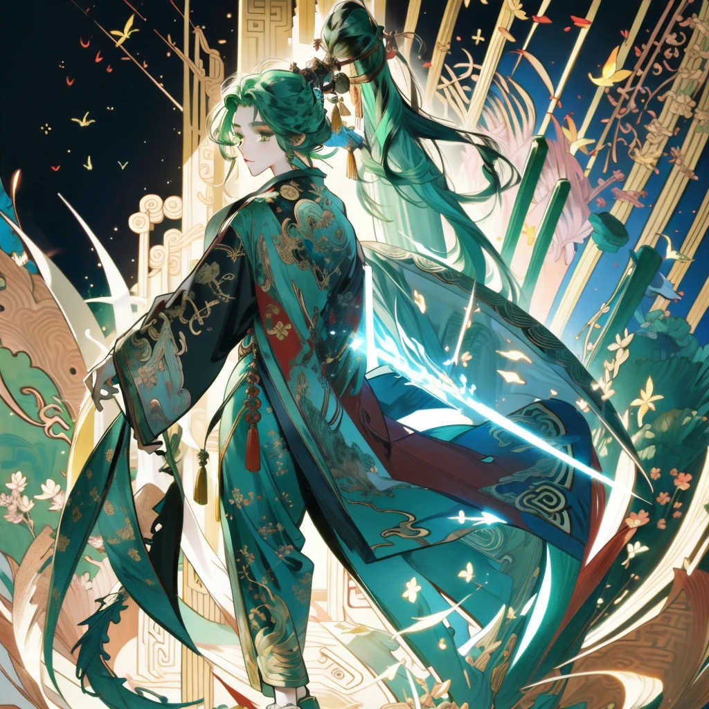 ((Masterpiece:1.2, Best quality)), super-fine, ultra-fine depiction, ultra-fine depiction, (zentangle:1.2), (Dynamic pose), (abstract backgrounds:1.5), long green hair, Green color hair, 1 woman, a color, Portrait, (Top down:1.2),Chinese style woman, Full body,facing to audience, sensual, oriental dragon horn, emerald eyes, adorable, inocent, perfect body, chinese palace, golden details, dragon golden horn, chinese dragon mythology, anthro