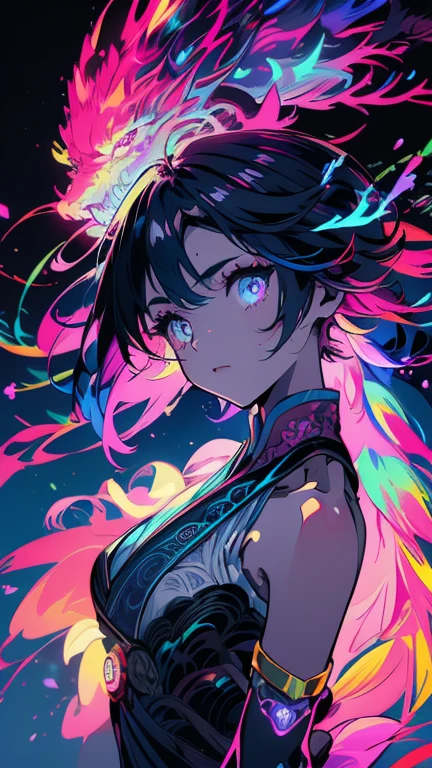 high quality, 8K Ultra HD, generate a vibrant canvas illuminated by a cascade of colorful and iridescent bioluminescence, forming the silhouette of a captivating Chinese woman, The dynamic lines and patterns, reminiscent of a biological dance, weave together to create a harmonious fusion of biology and art. The bioluminescence, in hues ranging from electric blues to radiant reds and vivid greens, breathes life into the woman's form, Her darkened silhouette emerges as a synthesis of the iridescent bioluminescence, a testament to the seamless integration of colorful biology and extreme beauty in your masterful creation, highly detailed, bright HDR highlights create a rim of light around the silhouette.