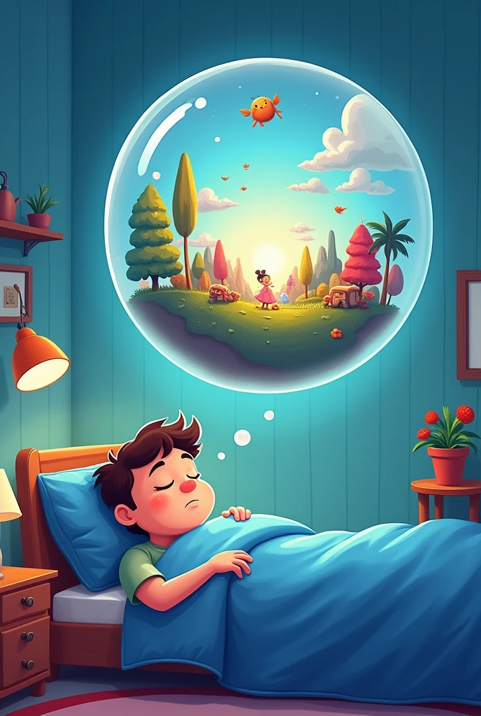 A cartoon men sleeping in bed room and he dreaming her had up dreaming scene in bubble shape
