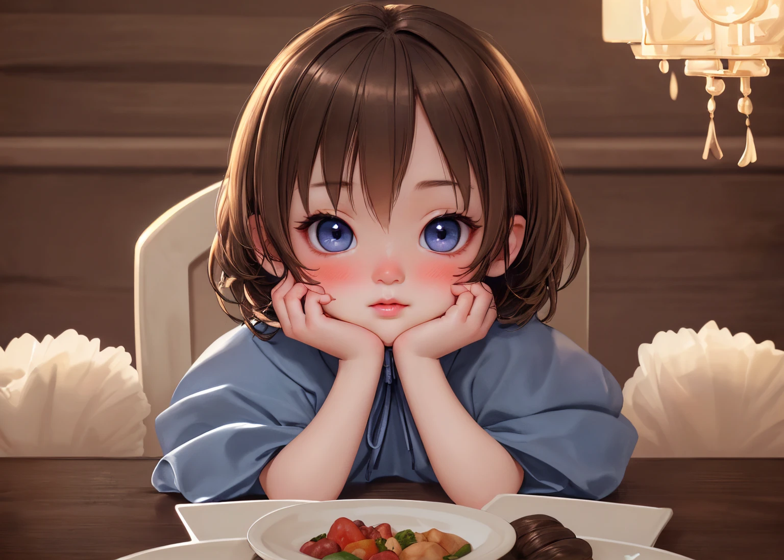 (highy detailed) (with high resolution) (4K quality) (perfect lighting) (face detailed) (detailed hair) (detailedeyes) (detailed nose) (detailed lips) A cute kid, short brown hair, blue colored eyes, Full-body image, shy blushing, Hands on cheek, sitting at the dinner table.
