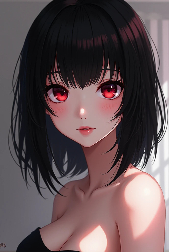 a woman of slender build and relatively tall stature with a noticeable bust. She has shoulder-length black hair, pale skin, and almond-shaped eyes. Her irises are cat-like in appearance and are of a plum red color. anime