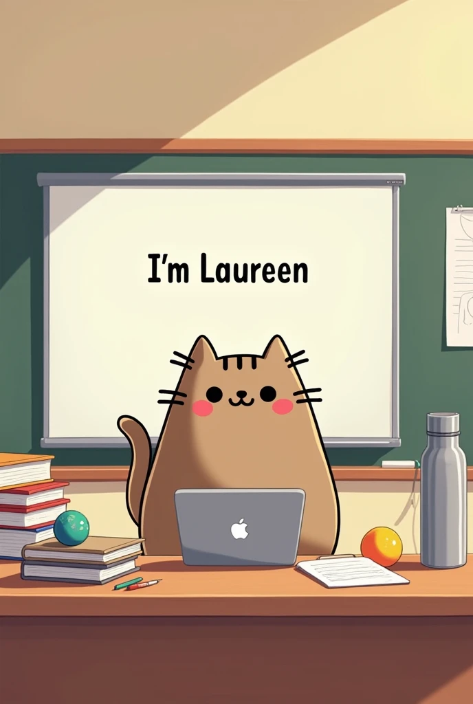 Create an image of a young female teacher depicted as the character Pusheen, sitting in a B2 German language class. She is seated at a desk with a silver MacBook, a few books, and tall silver flasche watter , and a medium-sized colorful ball on the desk. Behind her is a large electronic smartboard displaying the type in smartboard I’m Laureen 
