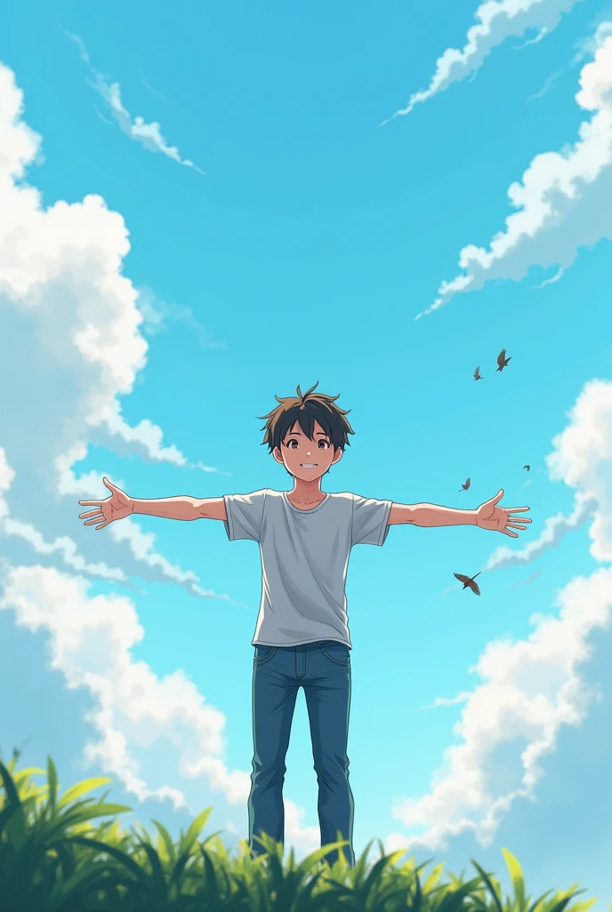 Casual dressed anime boy With open arms seen from the sky