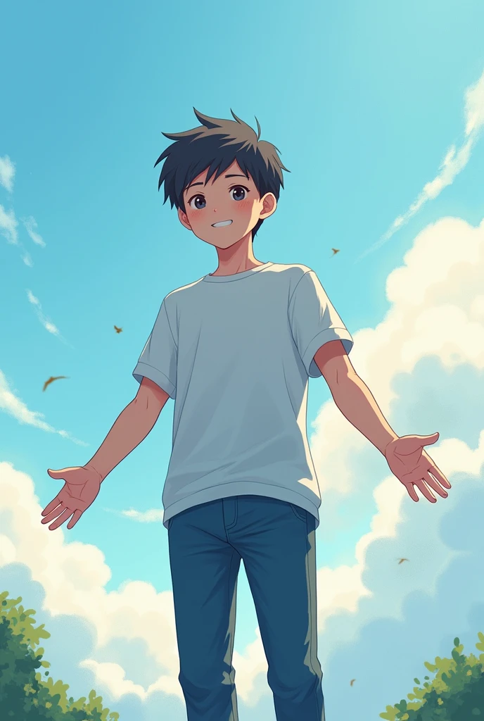 Casual dressed anime boy With open arms seen from the sky