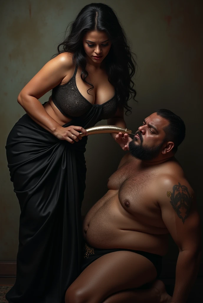 (photorealism:1.2) A dominant lady mistess in black saree inserting a dildo inside a fat male ass slave