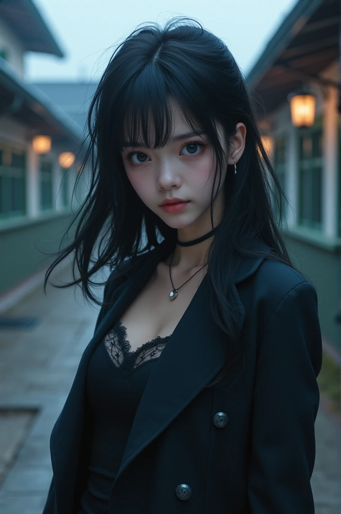 1 girl, beautiful face, (jet black eyes with a hint of navy blue), pose sexy, south korea type school as background, mysterious, Beautiful, but anime type