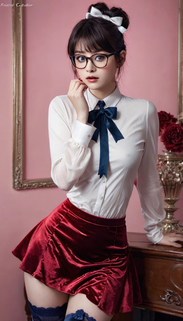 (Best Quality, Masterpiece),Solo, Photorealistic,,(beautiful detailed eyes, short hair, wearing glasses, megane symmetric eyes,),,, (Red White dress), Stocking,crushed velvet, skirt, bow, ribbon, jewel, Sheer long sleeves,Frills,Thigh,Pink BackGround