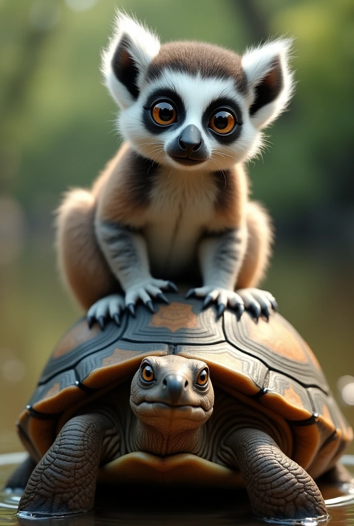 Lemur on top of turtle realism looking at camera