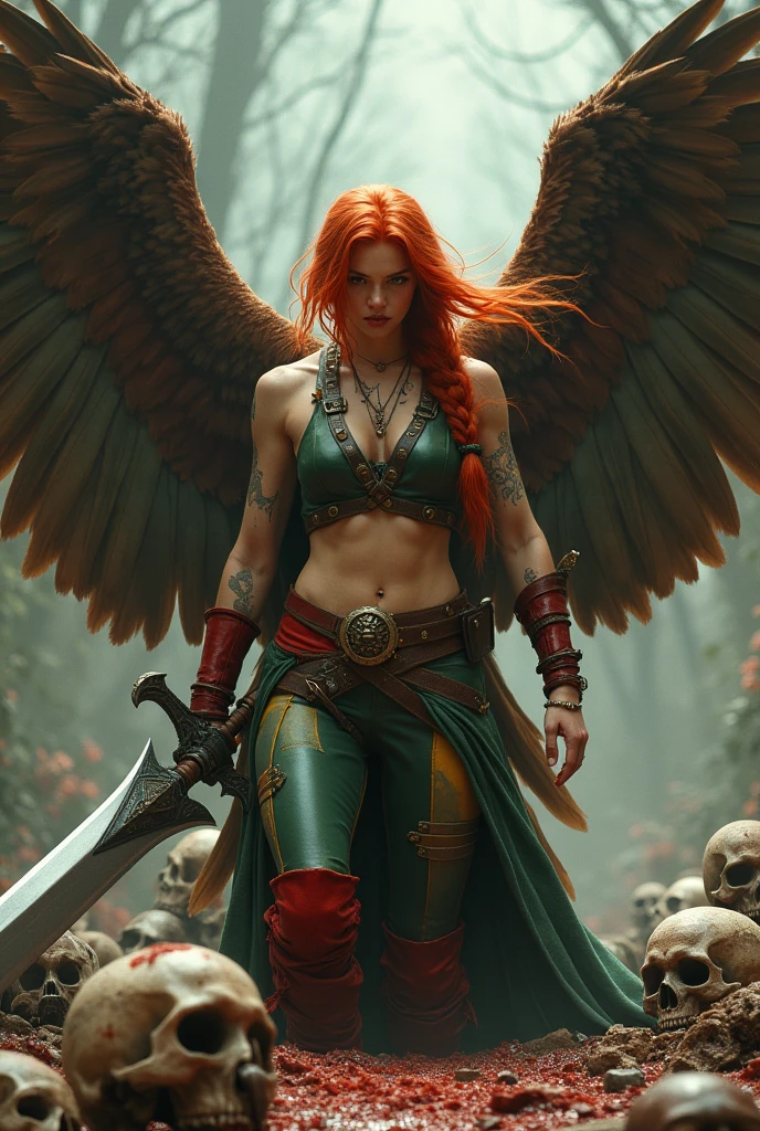 In extreme close-up a beautiful red-haired woman wearing a green leather top with yellow in the middle and (((Cali green leggings with red shorts or thong over the leggings))) red boots on a sheepskin, a giant wide-brimmed sword, huge brown falcon wings that cover her entire body, a brown harness on her chest, tattoos on one of her arms, a long braid blowing in the wind, on her knees, screaming, exhausted after a long battle, skulls and blood, a cursed cemetery