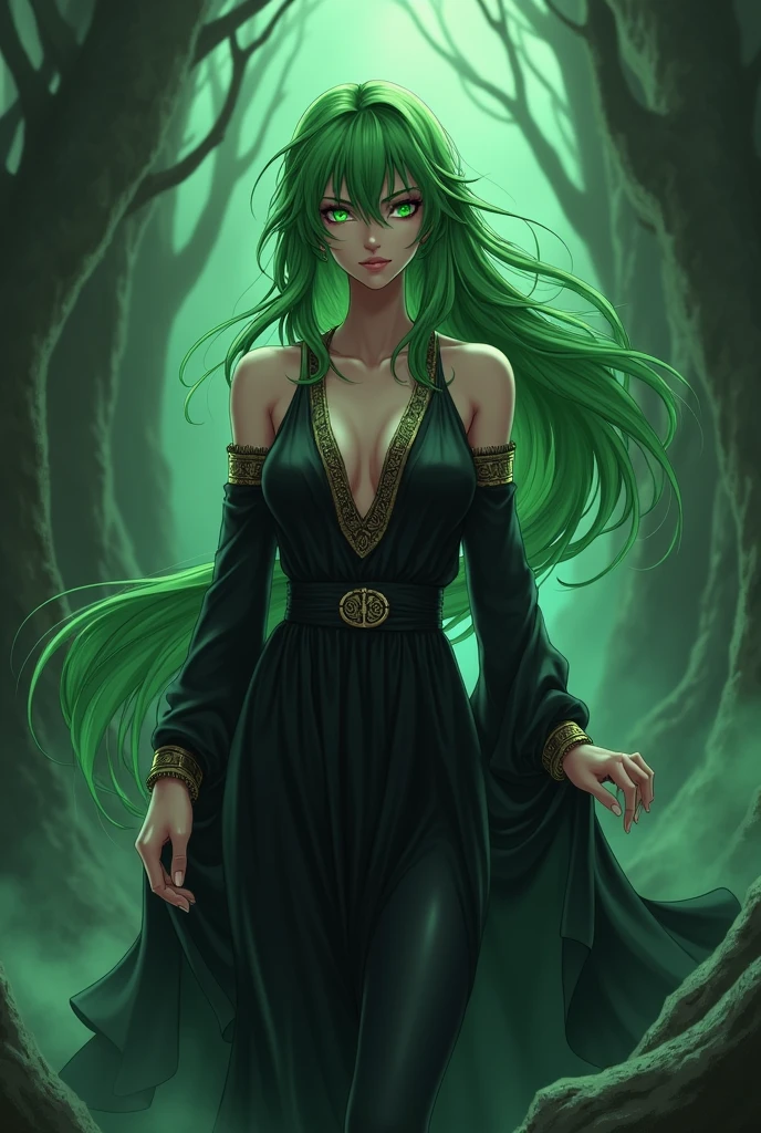 Beautiful adult woman with green hair and green eyes with perfect anatomy, Ancient Greek clothing in black color besieged in the Greek Underworld anime style 