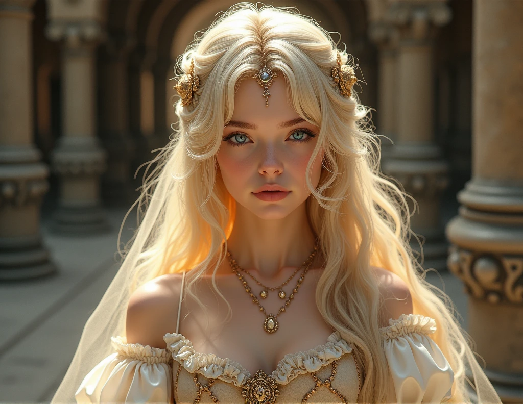 Beautiful princess with long hair and bangs, blonde, pale skin, blue eyes and a gem on her forehead, with Renaissance dresses