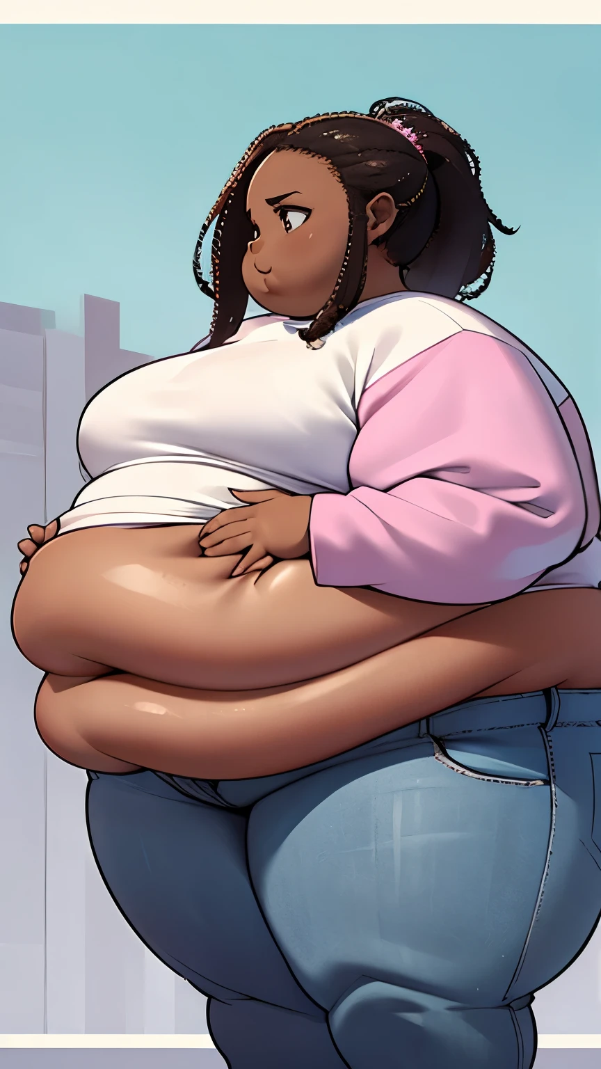 Extremely obese African-American woman, belly hanging, ((extremely obese)), belly sagging, wearing a pink crop top with long sleeves and loose jeans, (dark brown skin), fat blob, fat arms, fat face, fat limbs