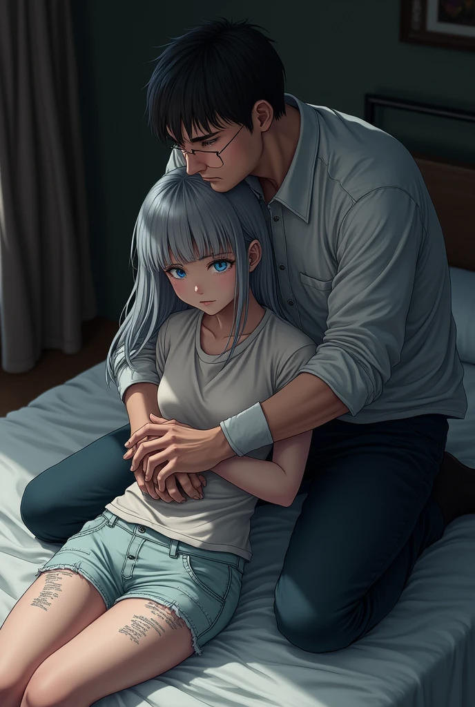 Man with black ahort hair and red eyes tying down a girl with slover hair and blue eyes in bed with clothes ripped