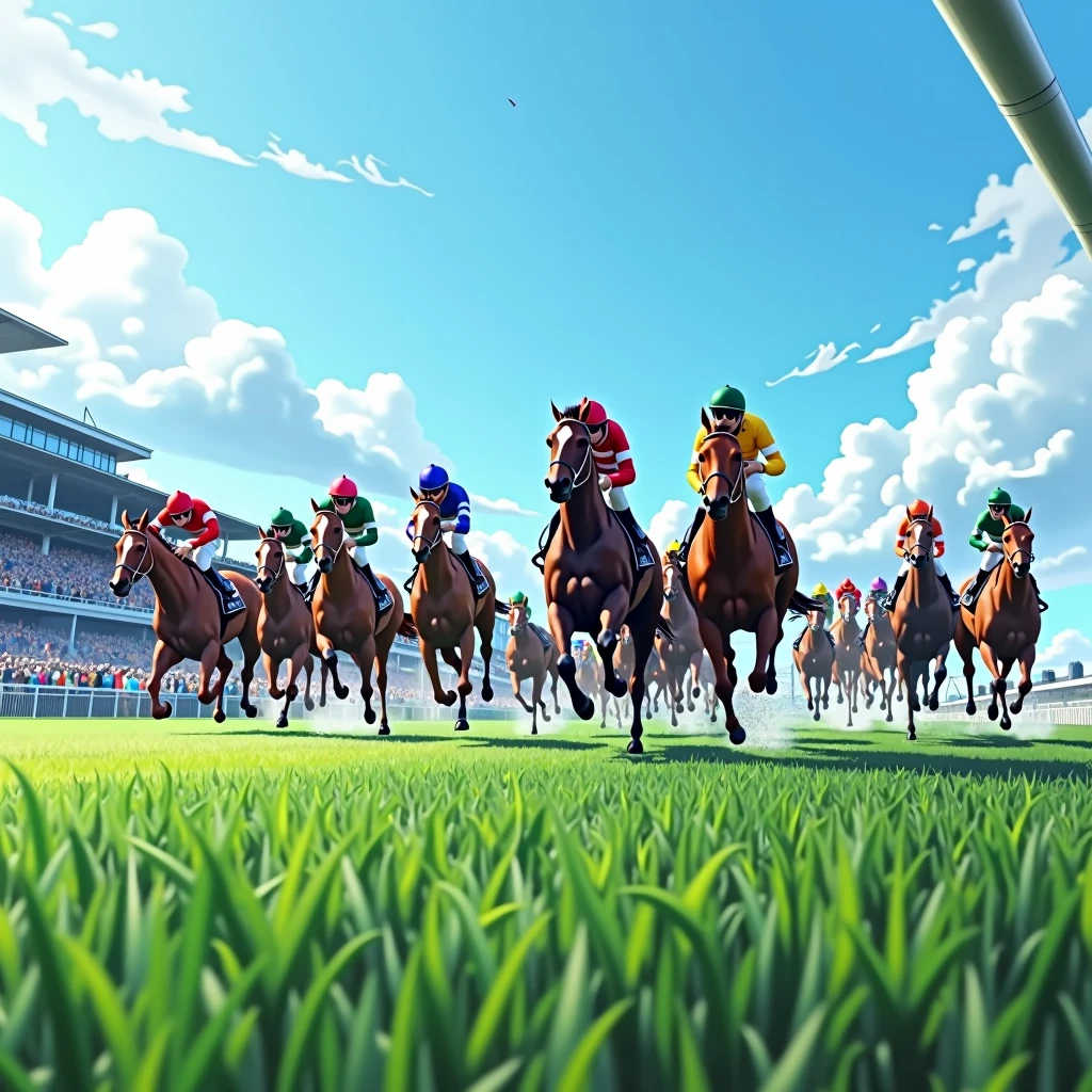 Tokyo Racecourse,Sunny,blue sky,12 horses in the race,The goal scene,Turf,A lot of people are watching,A lot of people,Image from the auditorium,(Close-up),(Highest quality,High resolution,Masterpiece,8K),