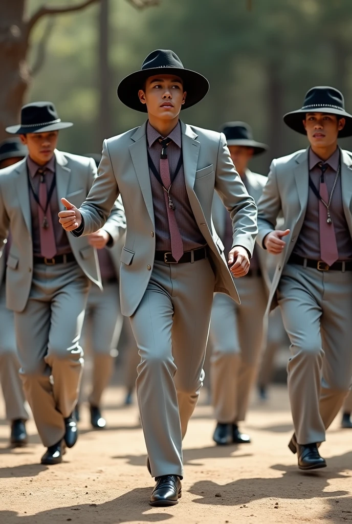 Group of young indigenous men dancing in light grey suits, black hat with lead trim, baby pink tie, White shirt, and black scarf, black shoes. 